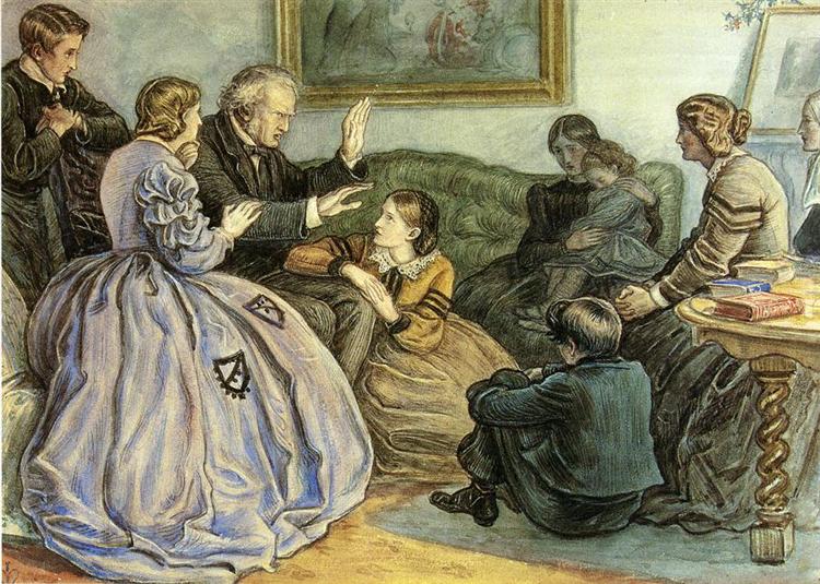 This painting depicts an elderly man telling a ghost story to a group of enthralled listeners