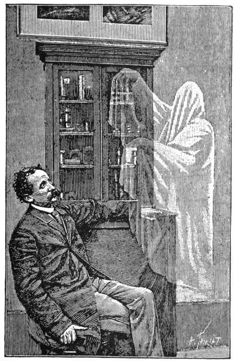 A man in Victorian dress is confronted by a ghost in a white sheet