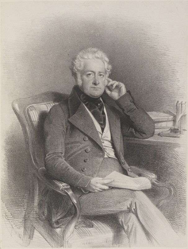 A lithograph of Richard Bentley by Charles Baugniet. Bentley sits is a relaxed pose next to a desk, papers on his lap.